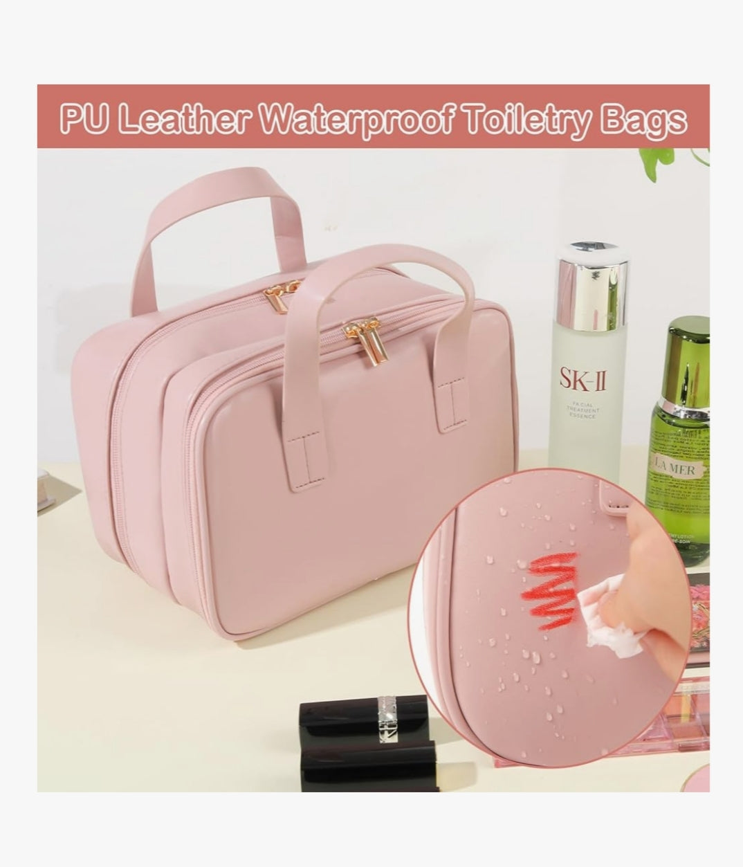 Elegancka różowa kosmetyczka w stylu torebki z rączkami