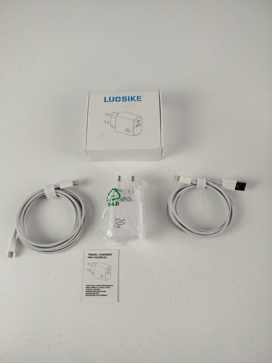 Zestaw Ładowarka Sieciowa LUOSIKE 20W PD + QC 3.0 + 2 Kable Lightning