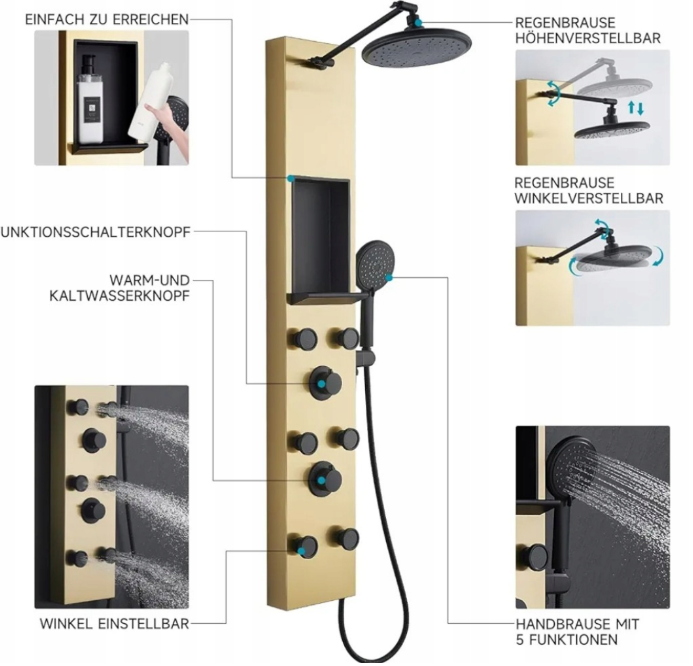 Panel prysznicowy z hydromasażem i termostatem