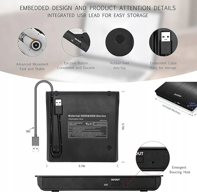 ZEWNĘTRZNY NAPĘD CD DVD ANTIKA PRZENOŚNY USB 3.0 CZARNY