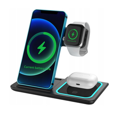 Stacja ładowania bezprzewodowa 3w1 czarna USB typ C QI