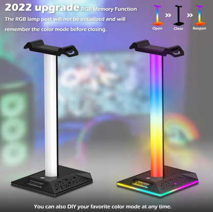STOJAK NA SŁUCHAWKI GAMINGOWE LED RGB 10 TRYBÓW 2x USB JACK 3,5 AUX
